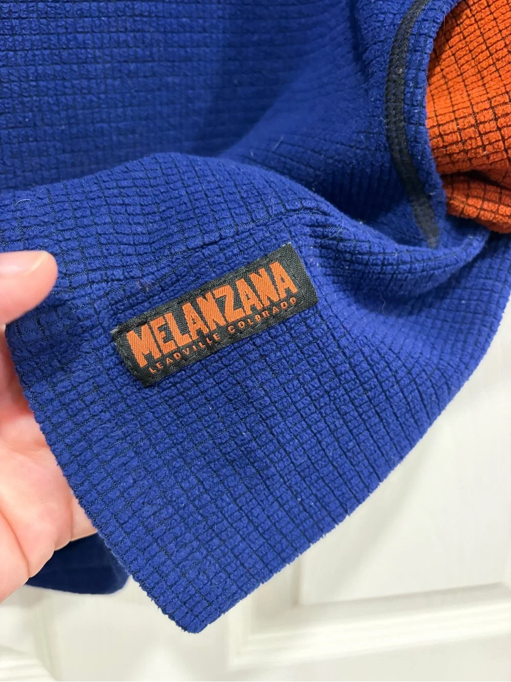 Melanzana Women’s Large Micro Grid Hoodie Burnt Orange Blue Jacket GUC Microgrid